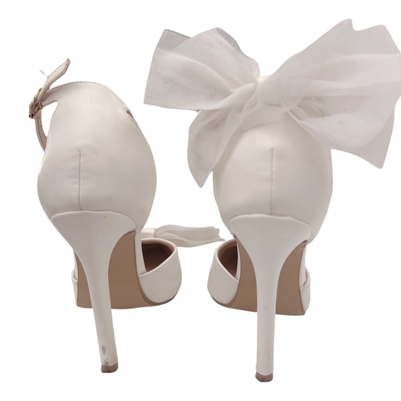 White Pointed Toe Asymmetrical Tulle Bow Stiletto High Heels - Picture 8 of 13